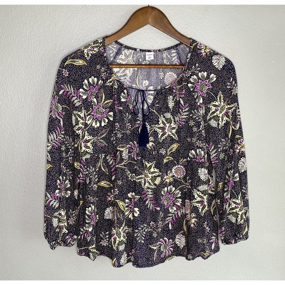 Old Navy Women’s Small Floral Boho Cottage Long Sleeve Tassel Navy Blue Top